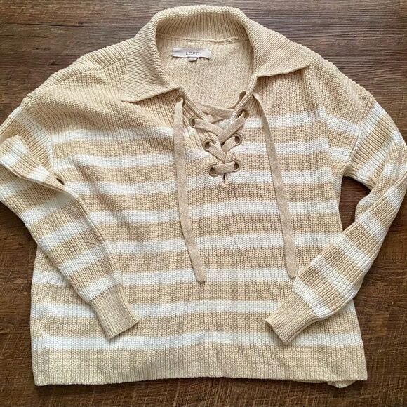 LOFT V-Neck Sweater with Lace-Up Detail collared pullover sz XS neutral EUC - Picture 8 of 13